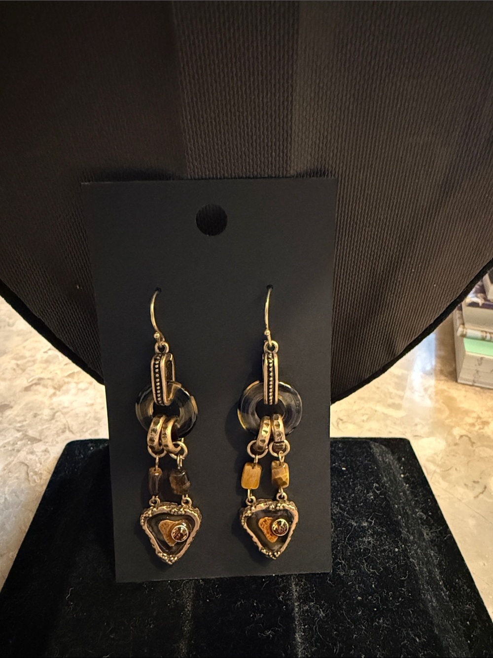 Unusual, genuine tiger’s eye and darken gold tone dangle earrings pierced